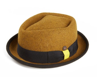 DASMARCA-Jackson-Mustard-yellow porkpie hat-felt porkpie-two tone porkpie hat-wool porkpie hat