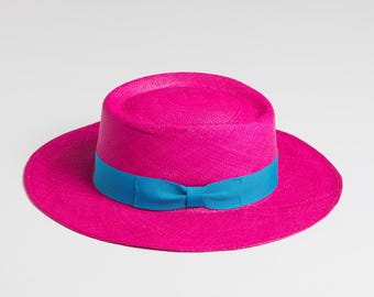 Sombrero panameño de ala ancha Dasmarca Baker, de verano, de paja auténtica, para hombre y mujer, color fucsia