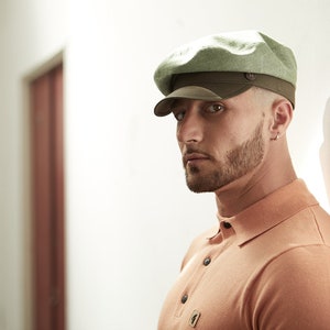 DASMARCA-Finn-Moosgrün Leinen Kappe-Fischermütze-Seemannsmütze-Militär Mütze-italienische Mütze-Schirmmütze