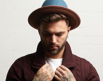 GANGSTAR groenblauw / bruin tweekleurige brede rand zachte vilten fedorahoed