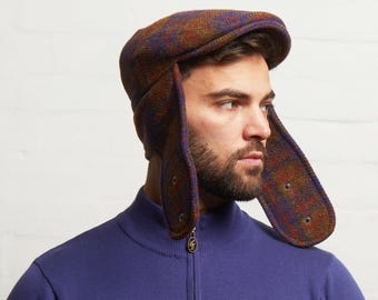Dasmarca LOGAN Italian Tweed Wool Flat Cap With Earflaps Trapper - Grape