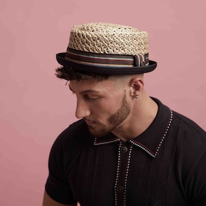 DASMARCA-Jake-Narutal Multi stripe-straw porkpie hat-skimpy brim porkpie-retro porkpie-telescope crown porkpie-rude boy porkpie-mod porkpie