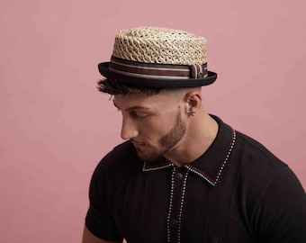 DASMARCA-Jake-Narutal Multi stripe-straw porkpie hat-skimpy brim porkpie-retro porkpie-telescope crown porkpie-rude boy porkpie-mod porkpie