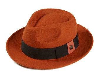 Orange Ombre Fedora Hat, Vegan Felt Stiff Brim Hat, Men  display picture 3
