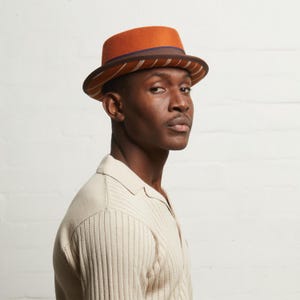DASMARCA-Bruno-orange hat-porkpie hat-hat for men-dasmarca hat-felt hat-jazzy hat-musicians hat