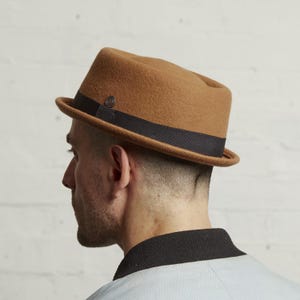 May include: A brown felt fedora hat with a black band and a small button on the top. The hat is worn by a person with short hair.