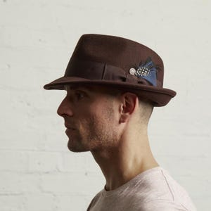 DARWIN Brown Wool Felt Trilby Hat With Feather