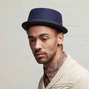 DASMARCA-Jack-Blue-felt porkpie hat-stingy brim porkpie hat-mod style-rude boy style porkpie-blue porkpie hat