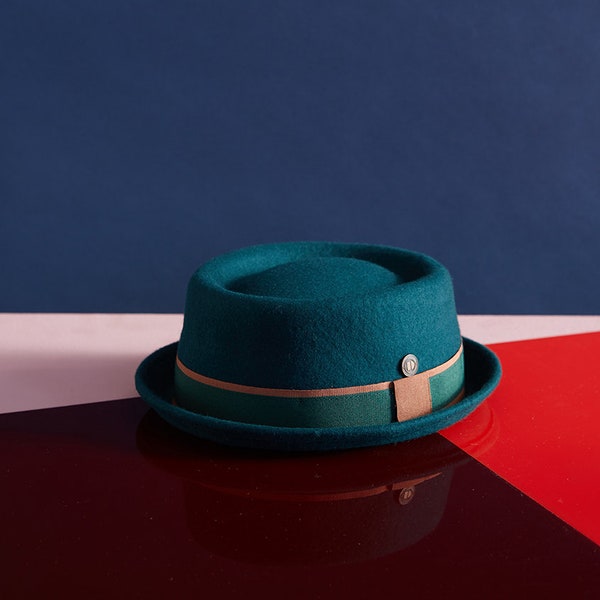 DASMARCA-Leo-Hemlock-teal hat-felt hat-formal hat-porkpie hat-fancy hat-mod porkpie hat-rudeboy hat