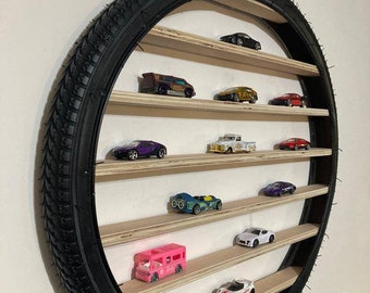 Unique Handmade Tyre Toy Car Storage Display Stand with Shelves - Perfect for Kids' Bedrooms or Playrooms