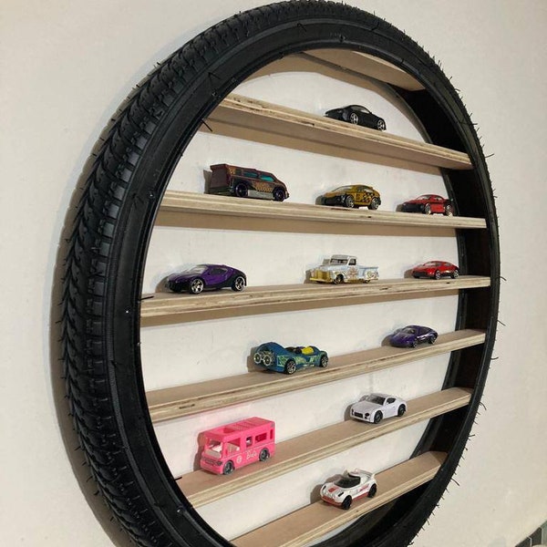 Unique Handmade Tyre Toy Car Storage Display Stand with Shelves - Perfect for Kids' Bedrooms or Playrooms