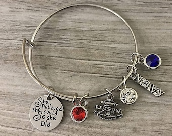 Women's US Navy Jewelry, Custom Navy She Believed She Could so She Did Charm Bangle Bracelet For Women, Navy Gift for Women