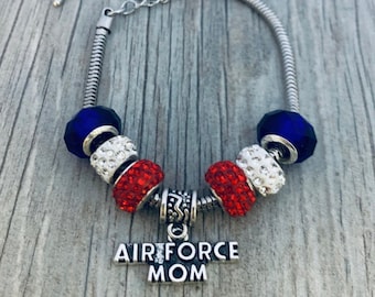 Air Force Mom Charm Bracelet, Proud Airforce Mom Gift, Mom Gifts, Mother's Day, Mom Birthday, USAF, Custom Air Force Jewelry, Military Gift