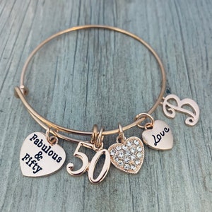Personalized 50th Birthday Charm Bracelet, Rose Gold Fabulous and Fifty Gift for Women, 50th Birthday Gift for Her, Fiftieth Birthday
