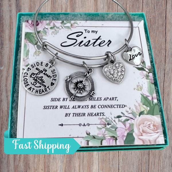 Sister Charm Bangle Bracelet, Siblings Day Gift, Sister Heart Jewelry, Adjustable Bracelet Gift for Sister