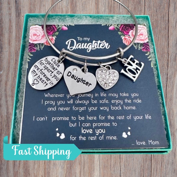 Daughter Charm Bangle Bracelet, Siblings Day Gift, Forever in My Heart Jewelry, Bracelet Gift for Daughter
