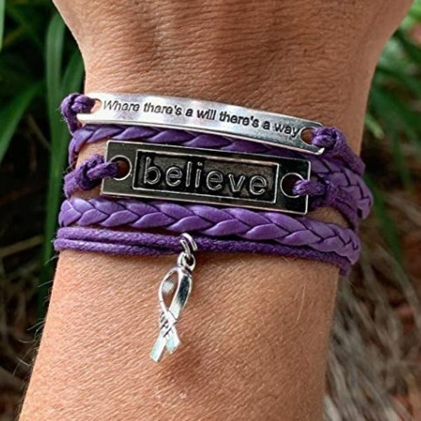 Purple Ribbon Charm Bracelet, Where There is a Will There is a Way Awareness Bracelet, Survivor Gift for Women
