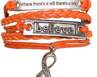 Orange Ribbon Bracelet, Where There is a Will There is a Way Leukemia Awareness, MS Awareness, Self Injury, Kidney Cancer, ADHD