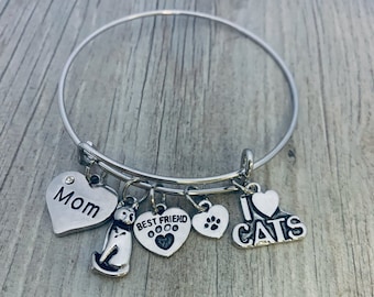 Cat Bracelet, Cat Mom Gift, Cat Lover Gift, Silver Cat Charm Bracelet, Gift for Cat Lover, Cat Lady Gift, Kitty Cat Jewelry, Crazy Cat Lady