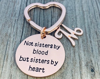 Personalized Best Friends Keychain, Custom Rose Gold Not Sisters By Blood But Sisters By Heart Friend Jewelry- Womens Gift for Friends