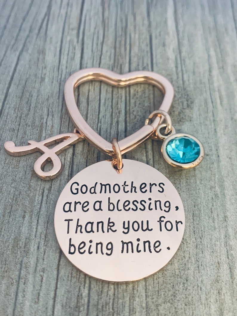Custom Rose Gold Godmother Keychain with Letter and Birthstone Charms Godmother Jewelry for Godmothers Personalized Godmother Gift