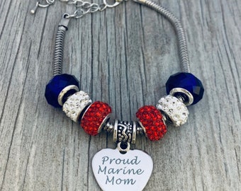 United States Marine Corps Mom Beaded Bracelet, Proud Marine Mom Bracelet, Military Bracelet, Marine Mom, Marine Wife Gift, Flag Charm