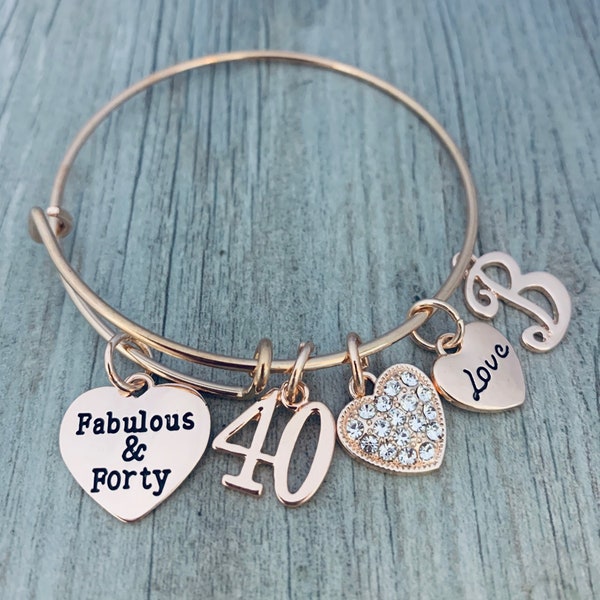 40 and Fabulous Charm Rose Gold Bracelet, Initial Charm, 40th Birthday Gifts for Women, 40th Birthday Ideas, Gift for Her