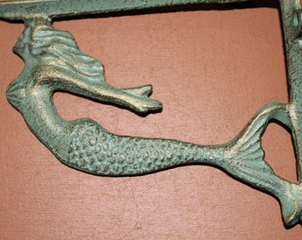 Set Antique-look Mermaid Figurehead Wall Shelf Brackets Cast Iron 9 inch 2 