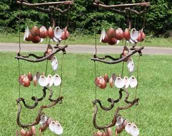 3 Tier Seashell Wind Chime Mobile / Hand Tied to Natural Grapevines / Soft Tinkling Sounds / 38 inch / Sun And Moon - 2 of G-39