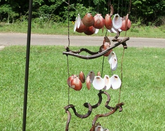 3 Tier Seashell Wind Chime Mobile / Hand Tied to Natural Grapevines / Soft Tinkling Sounds / 38 inch / Sun And Moon - G-39