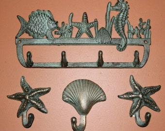 SeaShell Sea Life Decor Birthday Gift For Him Wall Hooks Organizers | Bronze Look Cast Iron | Beach Charmers -  4 items Fast Free Shipping