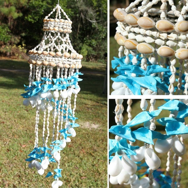 Tropical Blue Seashell Windchime, Handmade, 23"+ G-33 Fast Free Shipping