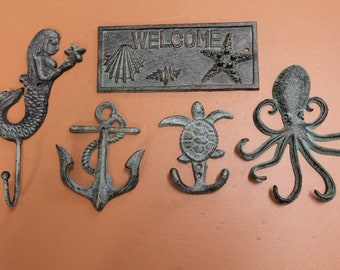 Antique Look Ocean Beach Sea Life Theme Wall Hooks | Welcome Plaque | Cast Iron | Tidal Secrets Fast Free Shipping