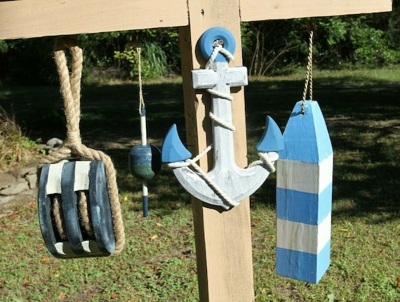 Ocean Fishing Antique Replicas Weathered Look Wood Buoy Anchor Rope Pully  Set, Tidal High Fast Free Shipping 