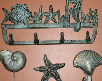 Sea Life Wall Decor Gift For Mom | Cast Iron Wall Hooks | Beach Style -  4 items Fast Free Shipping