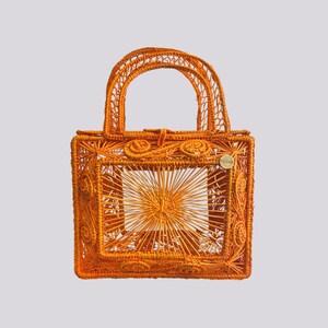 Orange Straw Bag / Raffia - Hand Woven Iraca Palm Bag, Top Handle Purse - Sandra Bag /  8 x 11 x 6 in