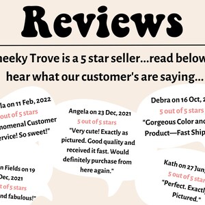 May include: Five customer reviews for Cheeky Trove, a 5-star seller. Each review is in a speech bubble and includes the customer's name, date, star rating, and a short review.