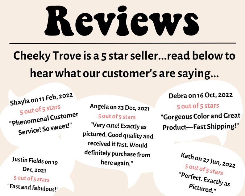 May include: Five customer reviews for Cheeky Trove, a 5-star seller. Each review is in a speech bubble and includes the customer's name, date, star rating, and a short review.