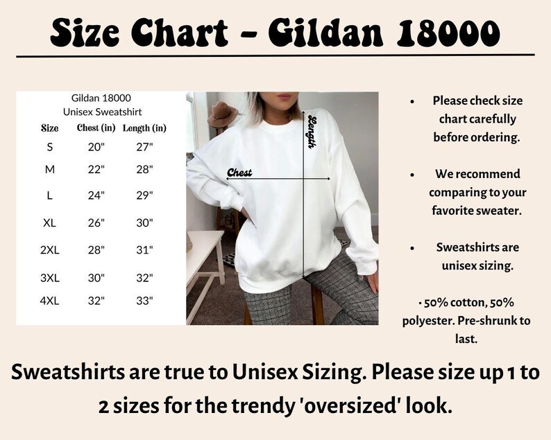 May include: A size chart for Gildan 18000 unisex sweatshirts, with chest and length measurements in inches. The chart includes sizes S to 4XL, with chest measurements ranging from 20" to 32" and lengths from 27" to 33". The image also shows a white sweatshirt.