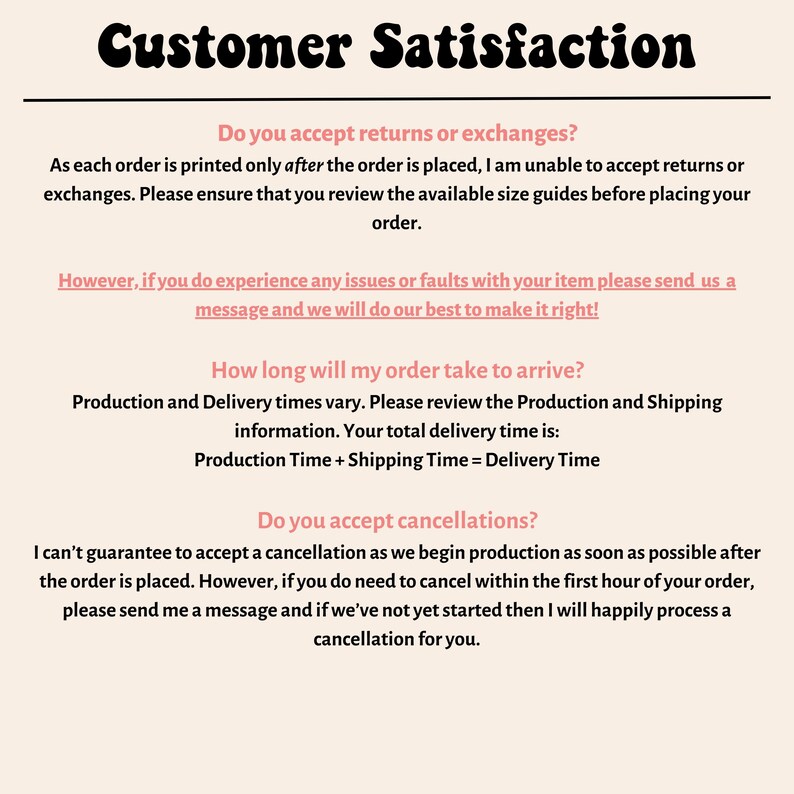 K&ouml;nnte beinhalten: Cremefarbene Grafik mit den Worten "Customer Satisfaction" in schwarzer Retro-Schrift. Der Text unten befasst sich mit R&uuml;cksendungen, Bestellproblemen, Lieferzeiten und Stornierungen. Der Text ist in schwarzer, serifenloser Schrift.