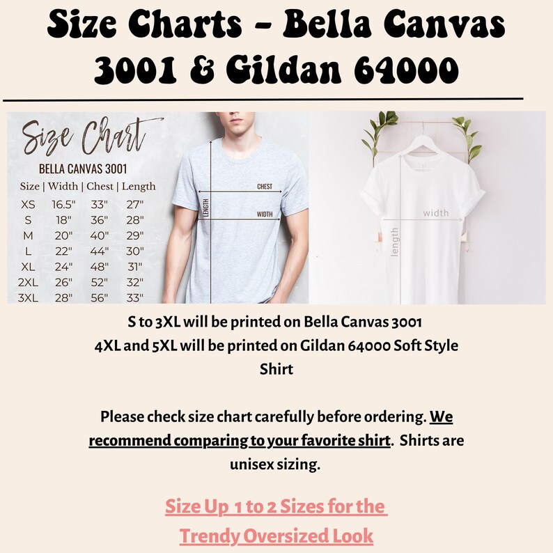 May include: Image of a size chart for Bella Canvas 3001 and Gildan 64000 shirts. The chart includes measurements for XS to 3XL sizes, with chest, width, and length in inches. The text also mentions unisex sizing and recommends sizing up for an oversized look.