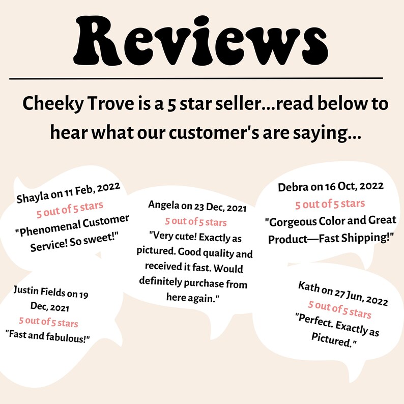 K&ouml;nnte beinhalten: Bild mit dem Wort "Reviews" in fetter, schwarzer Schrift. Kundenbewertungen werden in Sprechblasen angezeigt, jede mit einer 5-Sterne-Bewertung und positivem Feedback zum Produkt und Service.