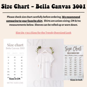 K&ouml;nnte beinhalten: Eine wei&szlig;e Bella Canvas 3001 T-Shirt-Gr&ouml;&szlig;entabelle mit Ma&szlig;en in Zoll und Zentimetern. Die Tabelle enth&auml;lt Gr&ouml;&szlig;e, Breite, Brust und L&auml;nge f&uuml;r XS bis 5XL. Der Text lautet: "Size Up 1 to 2 Sizes for the Trendy Oversized Look."