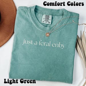 May include: Light green t-shirt with the text "just a feral enby" in white. The shirt is made of a soft, comfortable material and has a distressed look. The shirt is from the Comfort Colors brand.