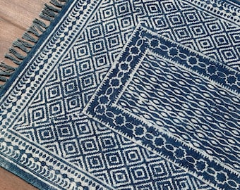 Washable Cotton Rug : Indigo Blue Resist Hand Block Printed Rug - Kilim Flatweave Indian Area