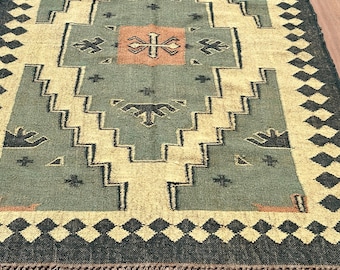 Moroccan Kilim Rug, Handwoven Earthy Wool Jute Area Rug, Pale Green Base Moroccan Rug, Vintage Flat Weave Area Rug, Large Living Room Rug