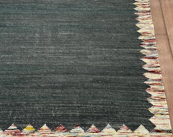 Bordered Wool Rug: Dark Green Boho Modern Area Carpet - Solid Base / Multicolor Border - Luxurious