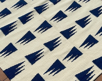 Ikat Kilim Area Rug : Navy Wool Ivory • White Geometric Flatweave • Living Handwoven Handmade Rug