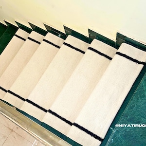 Alfombra minimalista blanca, alfombra de escalera de lana hecha a mano, alfombra moderna de lana blanca, alfombra ecléctica contemporánea blanca sólida, alfombra Japandi