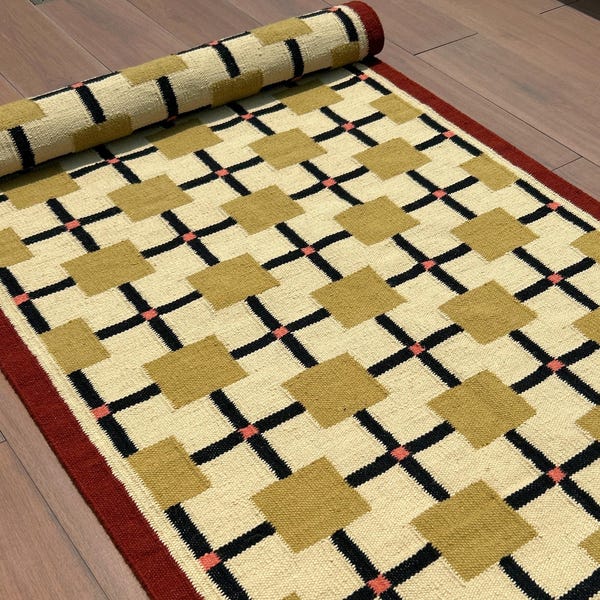 Swedish Wool Runner : Handwoven geometric kilim wool runner - Neutral Minimalistic Decor - Modern Staircase Runner - Aesthetic Decor Runner